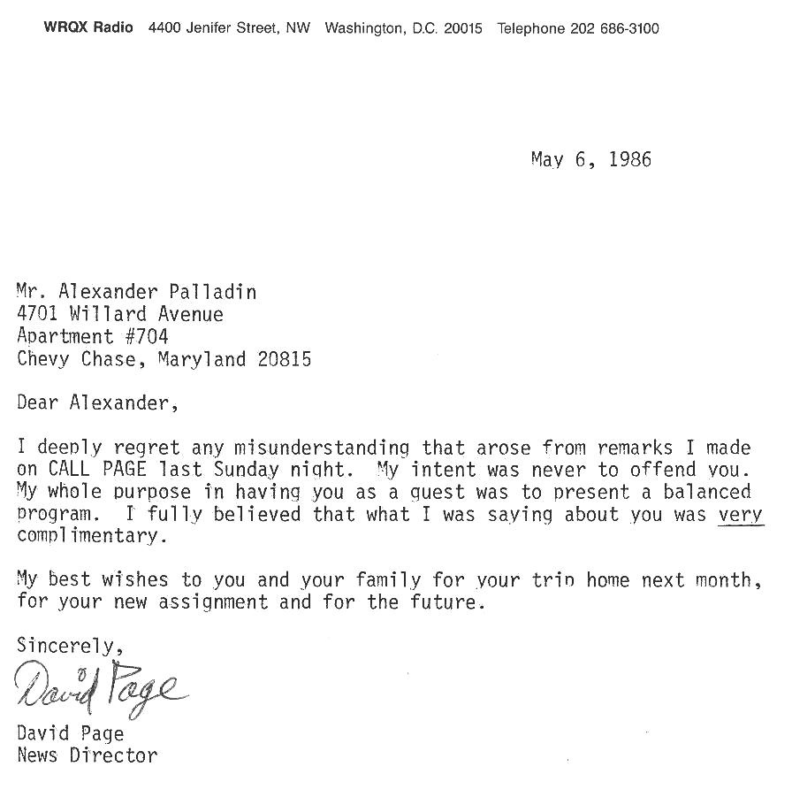 David Page letter